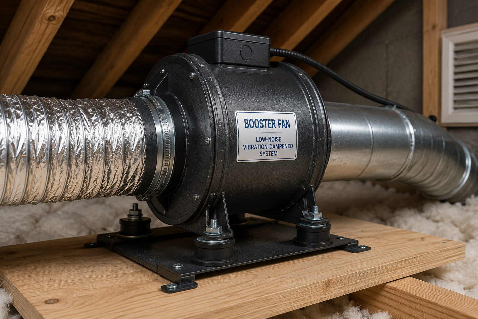 Low-noise vibration-dampened dryer vent booster fan installation in Friendswood TX